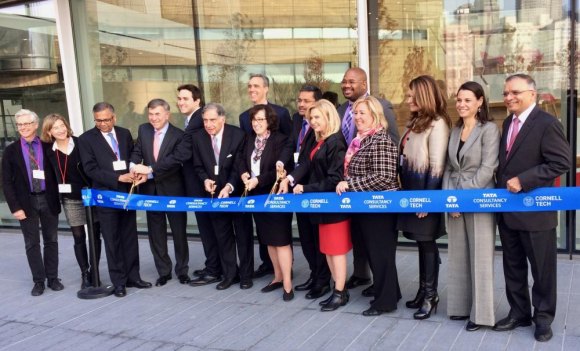December 4th, 2017, was a big day for Roosevelt Island Everyone who could fit in the picture joined Harrison and Tata for multiple cuttings of the ribbon as Tata Innovation Center is born.
